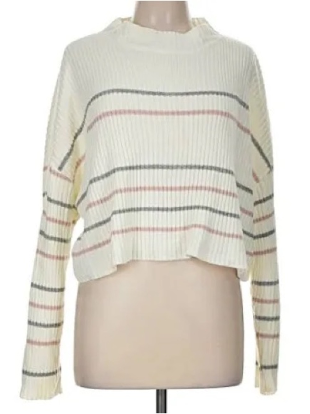 Women’s Cream Striped MockNeck Rib-Knit Sweater